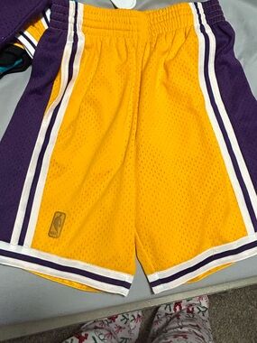Mitchell & Ness Yellow and Purple Hardwood Classics Basketball Shorts